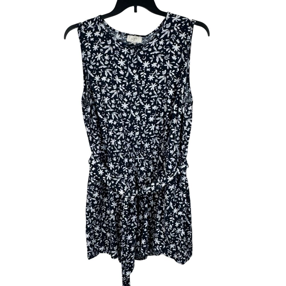LOFT Outlet X-Large Romper Floral Linen Blend Sleeveless Pocket Belted Navy Blue